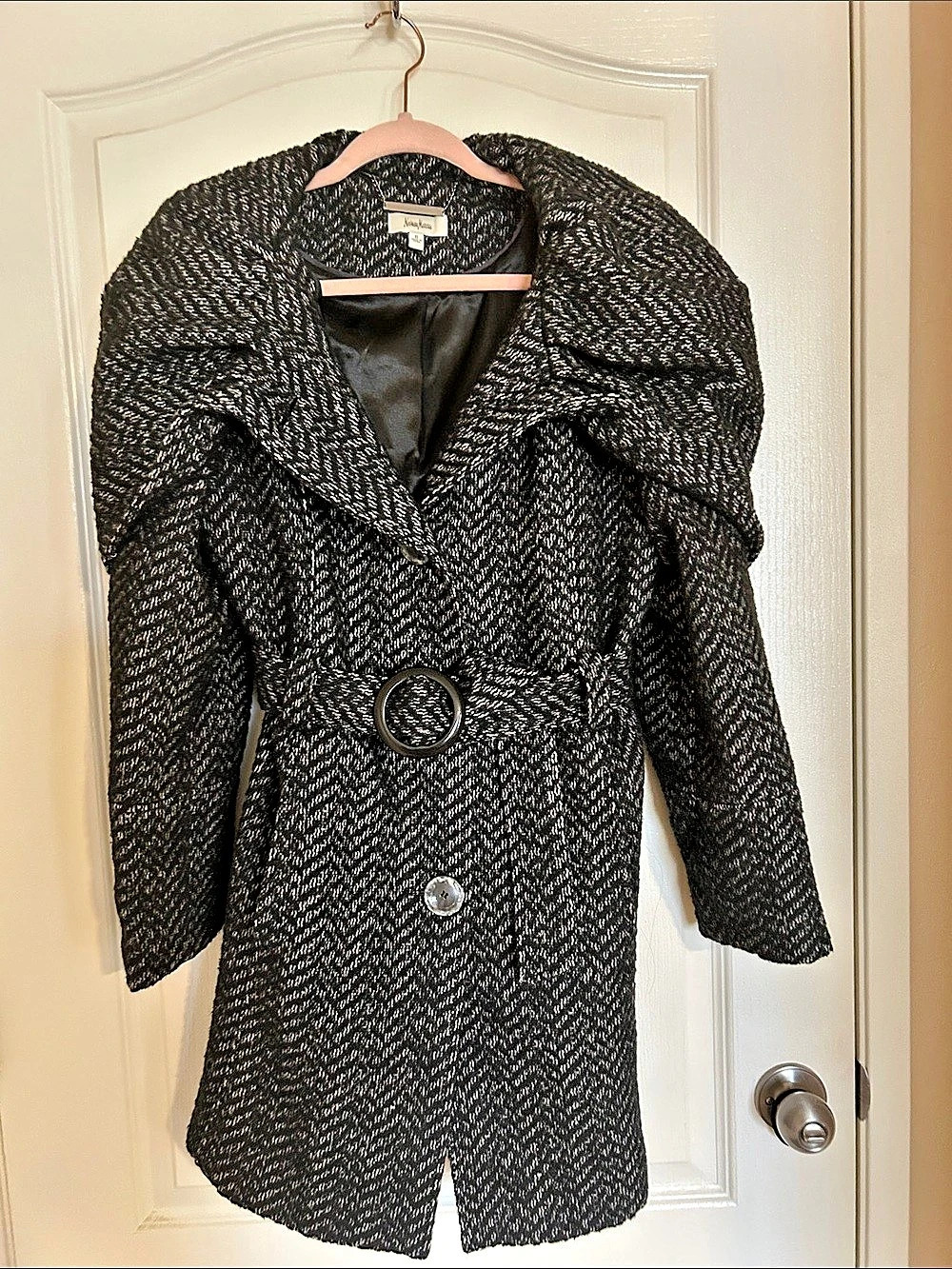 Neiman Marcus Houndstooth Pea Coat in Black & Gray Size 8